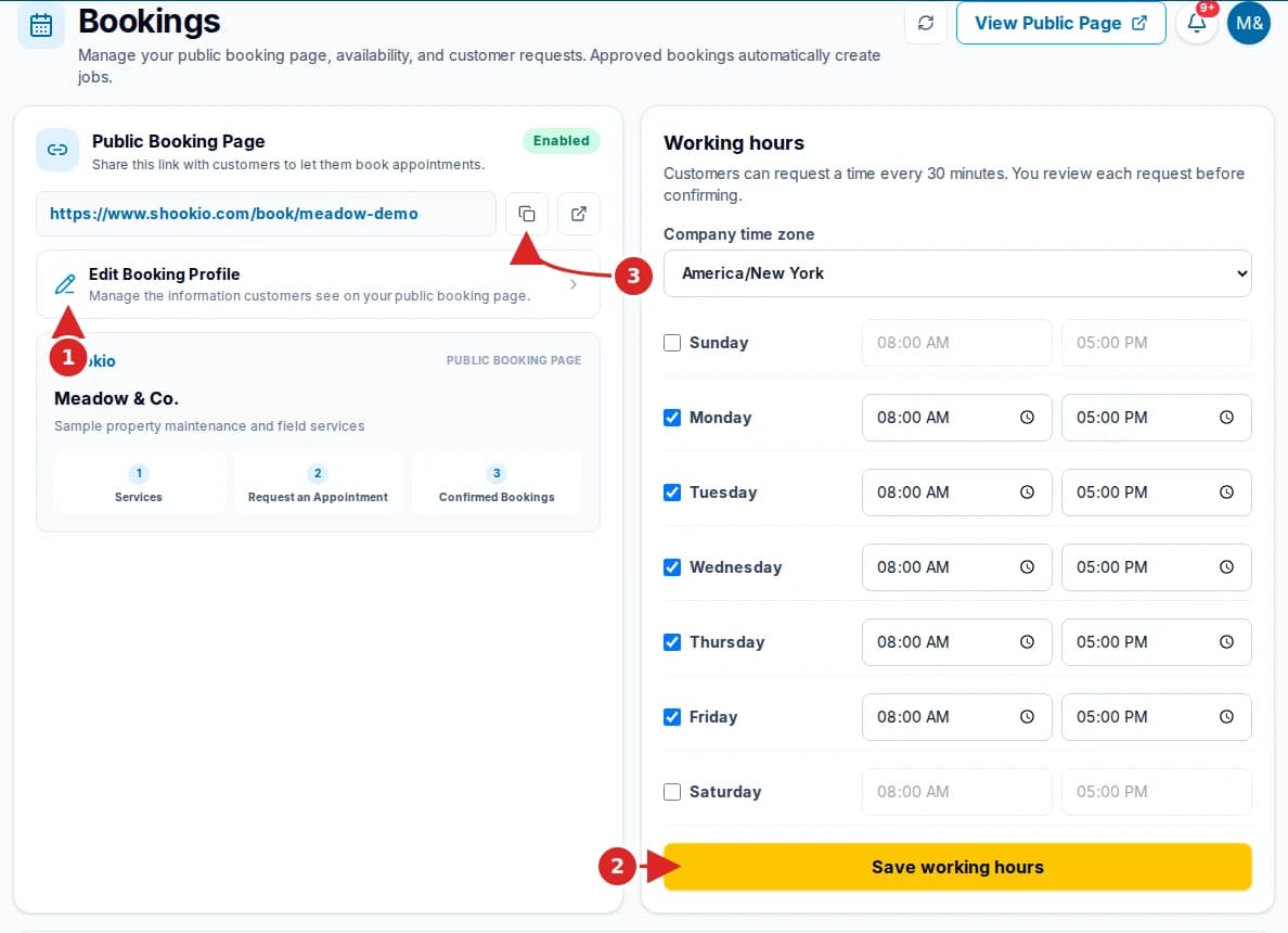 Shookio Bookings with arrows pointing to Edit Booking Profile, Save working hours, and Copy Link.