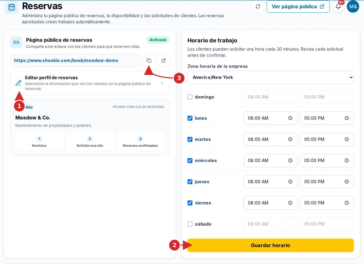 Pantalla de Reservas de Shookio con flechas que señalan Editar perfil de reservas, Guardar horario y Copiar enlace.
