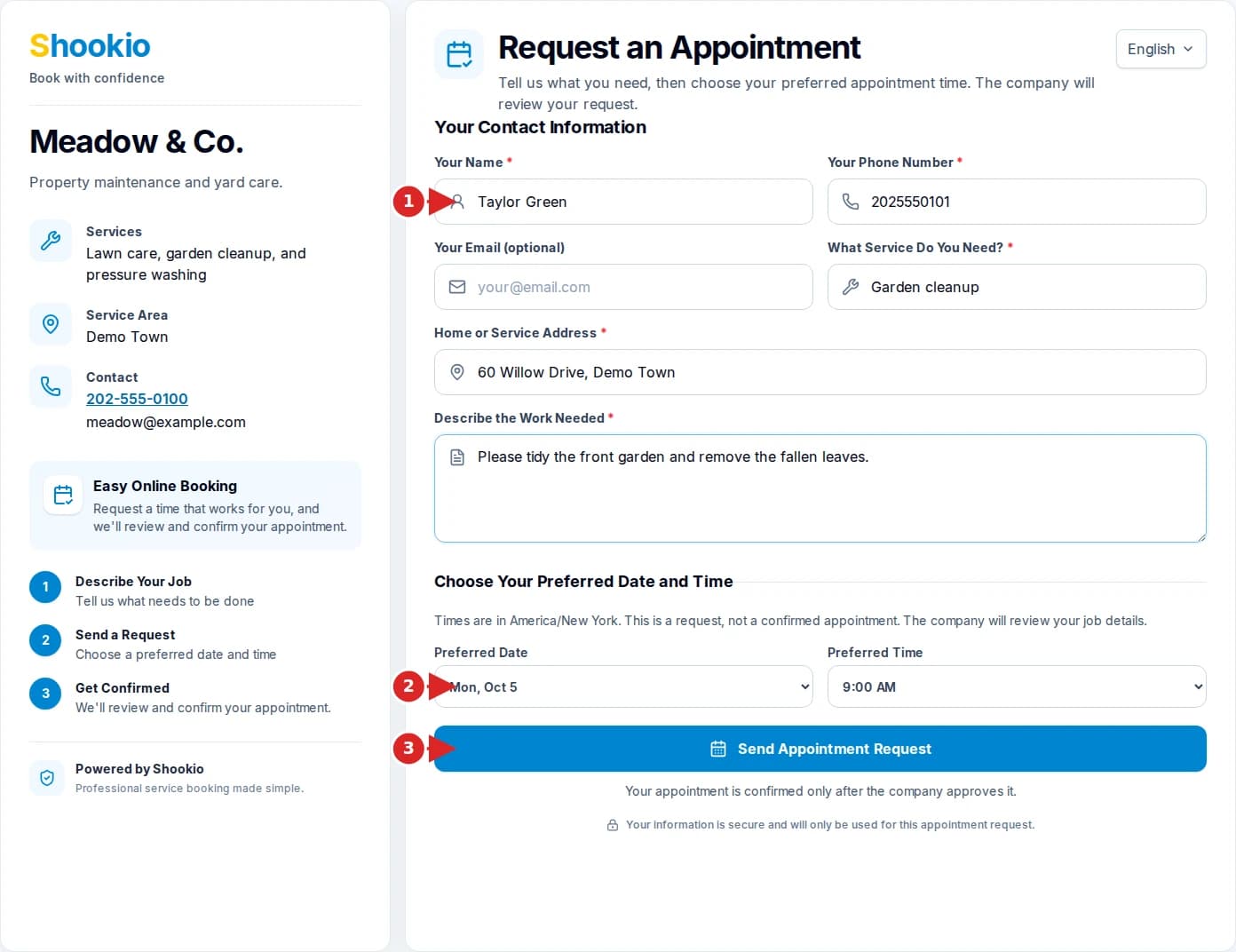 Shookio public booking form with arrows pointing to the customer details, preferred appointment time, and Send Appointment Request button.