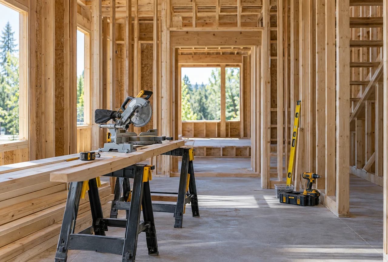 Residential house framing at a construction site