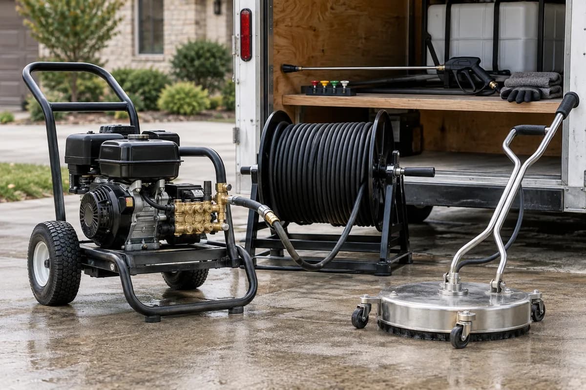 Gas pressure washer, hose reel, spray wand, and surface cleaner beside a work trailer
