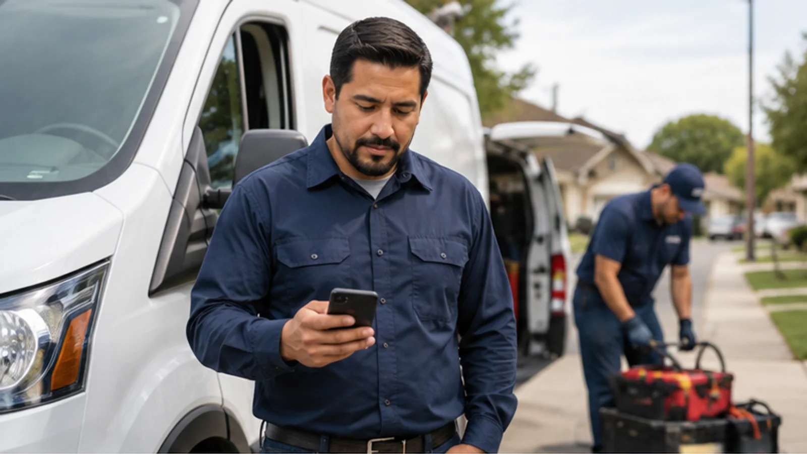 Dueño de una empresa de servicios revisa el trabajo del día en su teléfono junto a una camioneta y su equipo