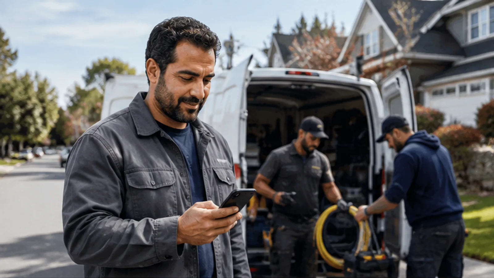 صاحب شركة خدمات ميدانية يراجع جدول العمل على هاتفه بجانب مركبة وفريق العمل