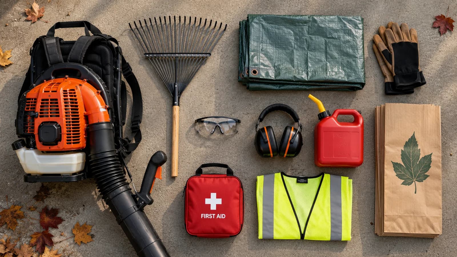 Starter equipment needed to launch a leaf removal business, including a commercial backpack blower, rake, tarp, gloves, safety glasses, hearing protection, fuel can, first aid kit, and reflective safety vest.