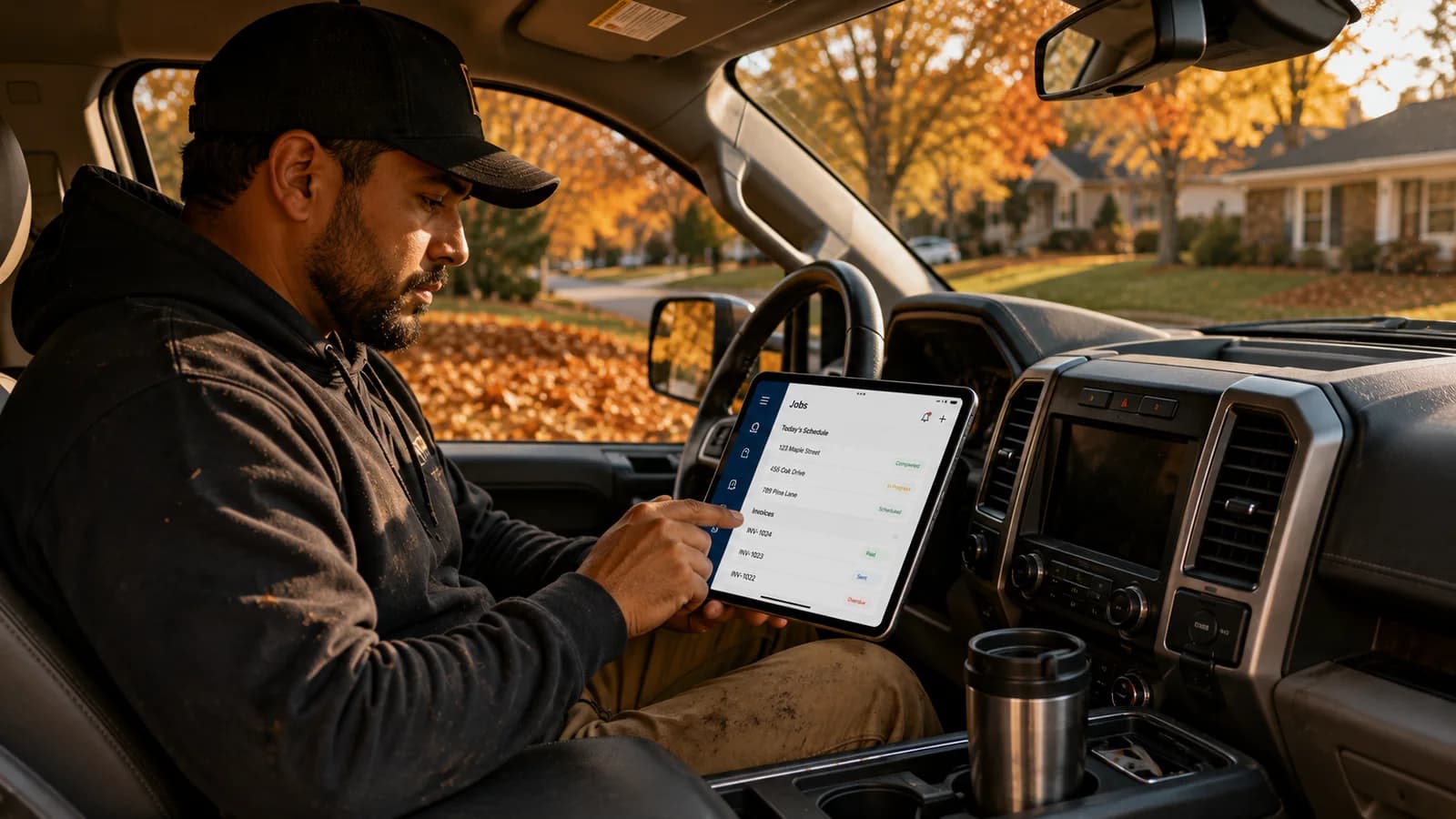 Leaf removal business owner managing jobs and schedules on a tablet from a work truck after completing a service call.