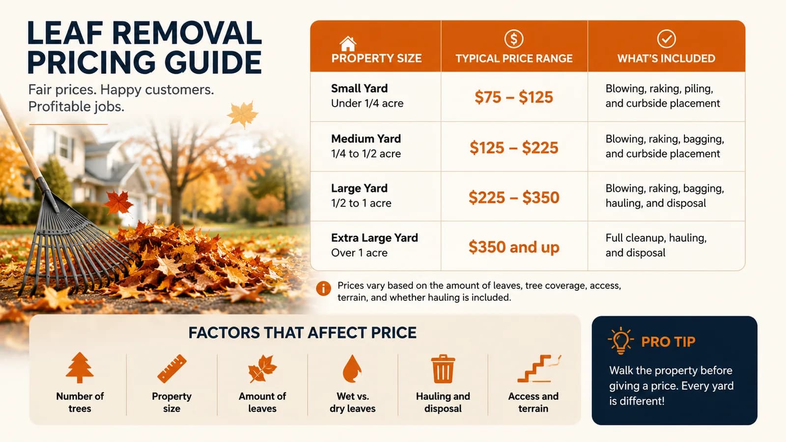 Example residential leaf removal pricing guide showing common price ranges by property size.