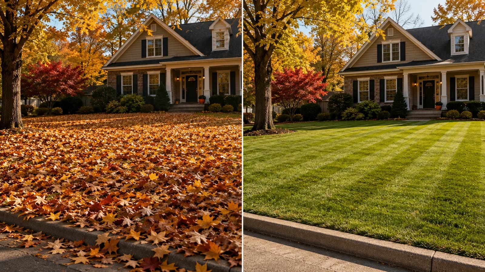 Before and after comparison of a residential yard before and after professional leaf removal service.