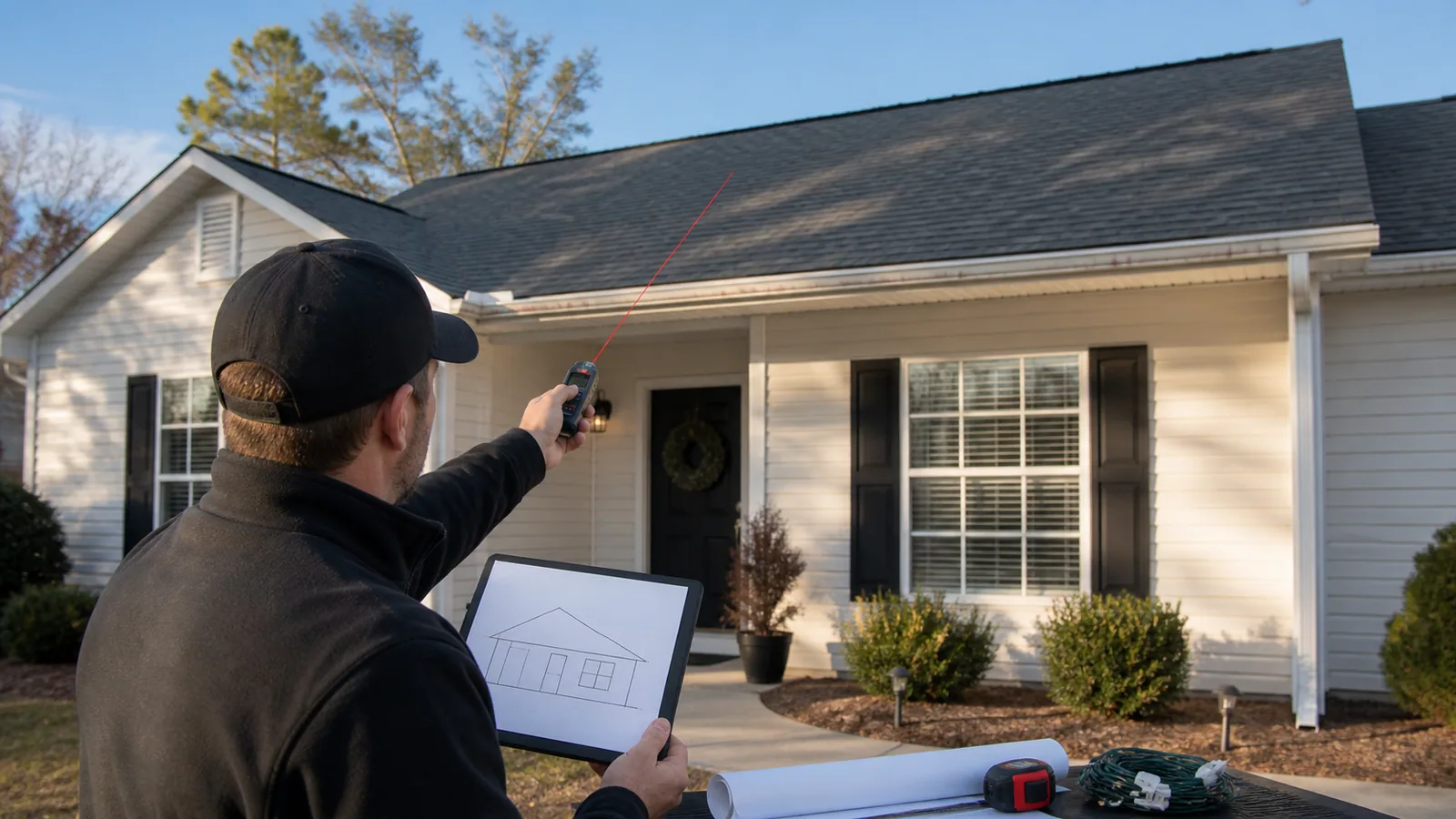 Contractor measuring a residential roofline while planning a holiday light installation estimate