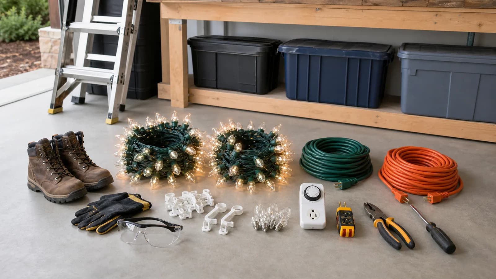 Holiday light installation equipment including lights, clips, cords, timer, ladders, tools, and storage totes