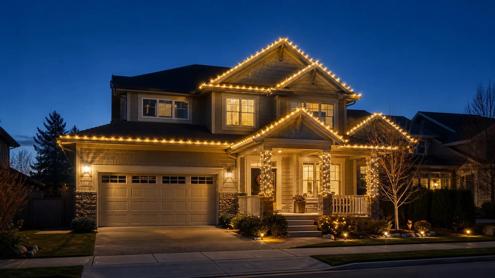 Finished professional Christmas light installation on a two-story home at blue hour