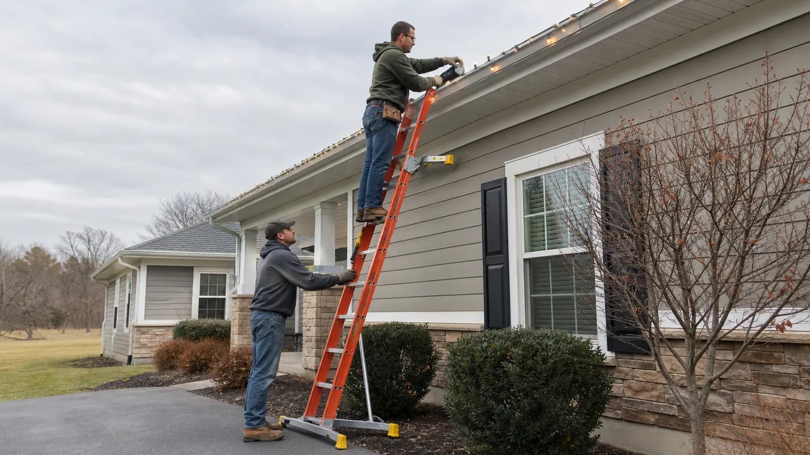 Holiday light installers using an extension ladder and ground helper at a residential eave