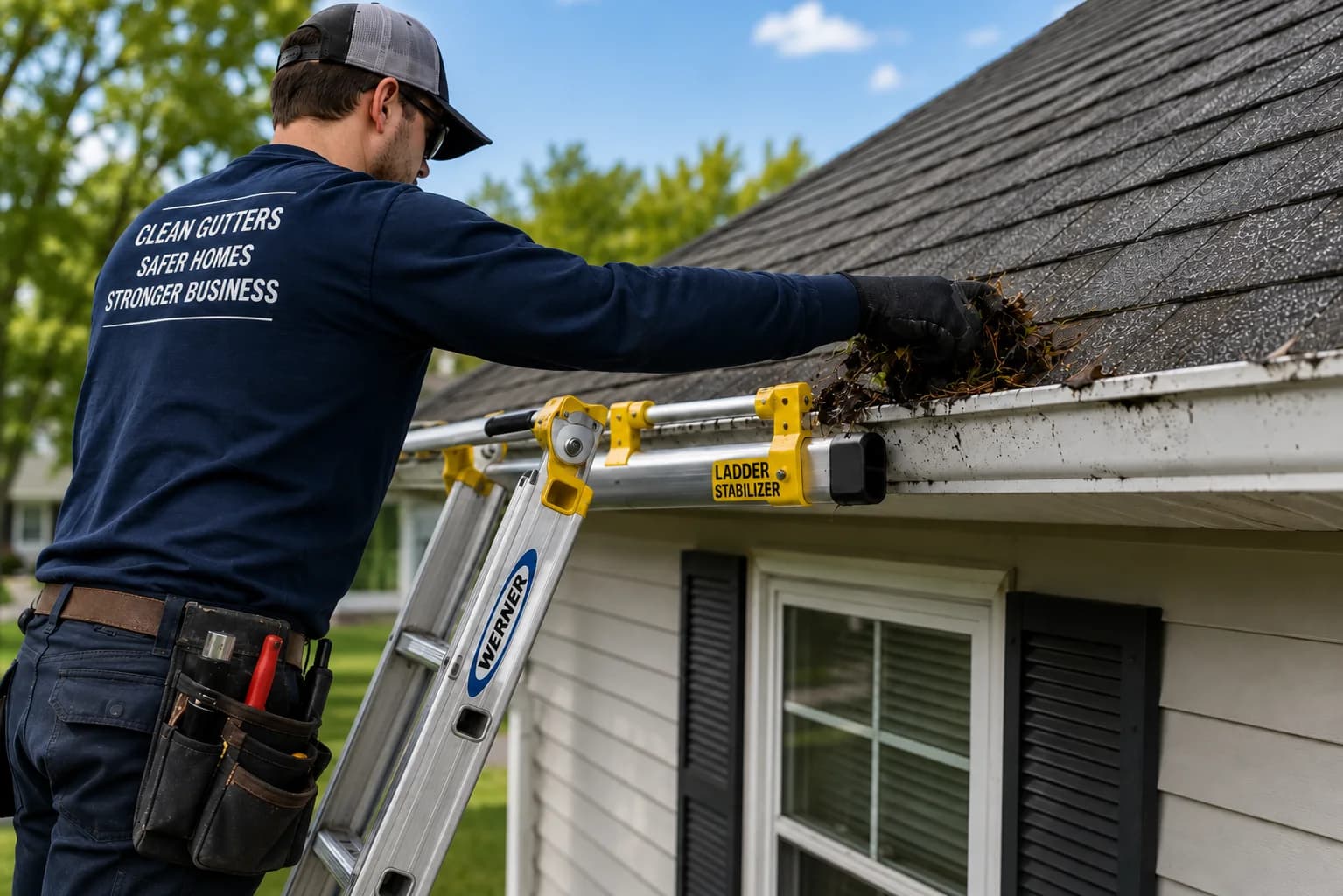Worker using an extension ladder while cleaning gutters on a house