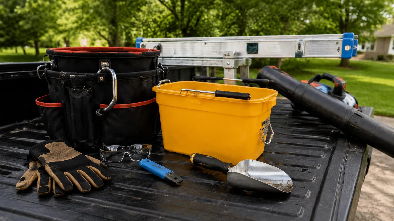 Basic ladder, safety gear, buckets, hose, and tools used for gutter cleaning