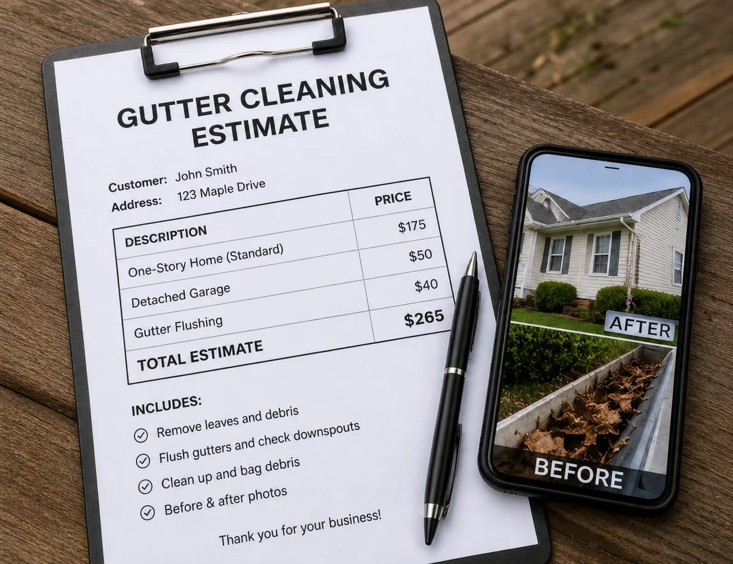 Written gutter-cleaning estimate with service prices and completion photos